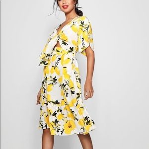 Worn once Boohoo lemon print tie front midi dress